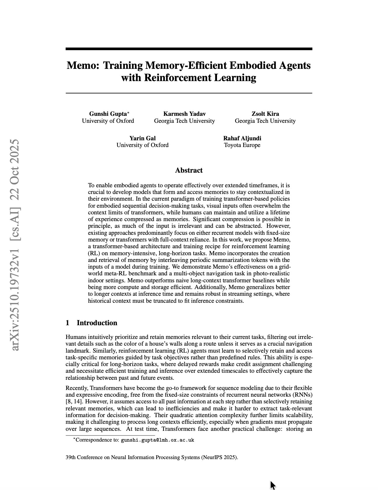 Memory-Efficient Embodied Agents Training with Reinforcement Learning
