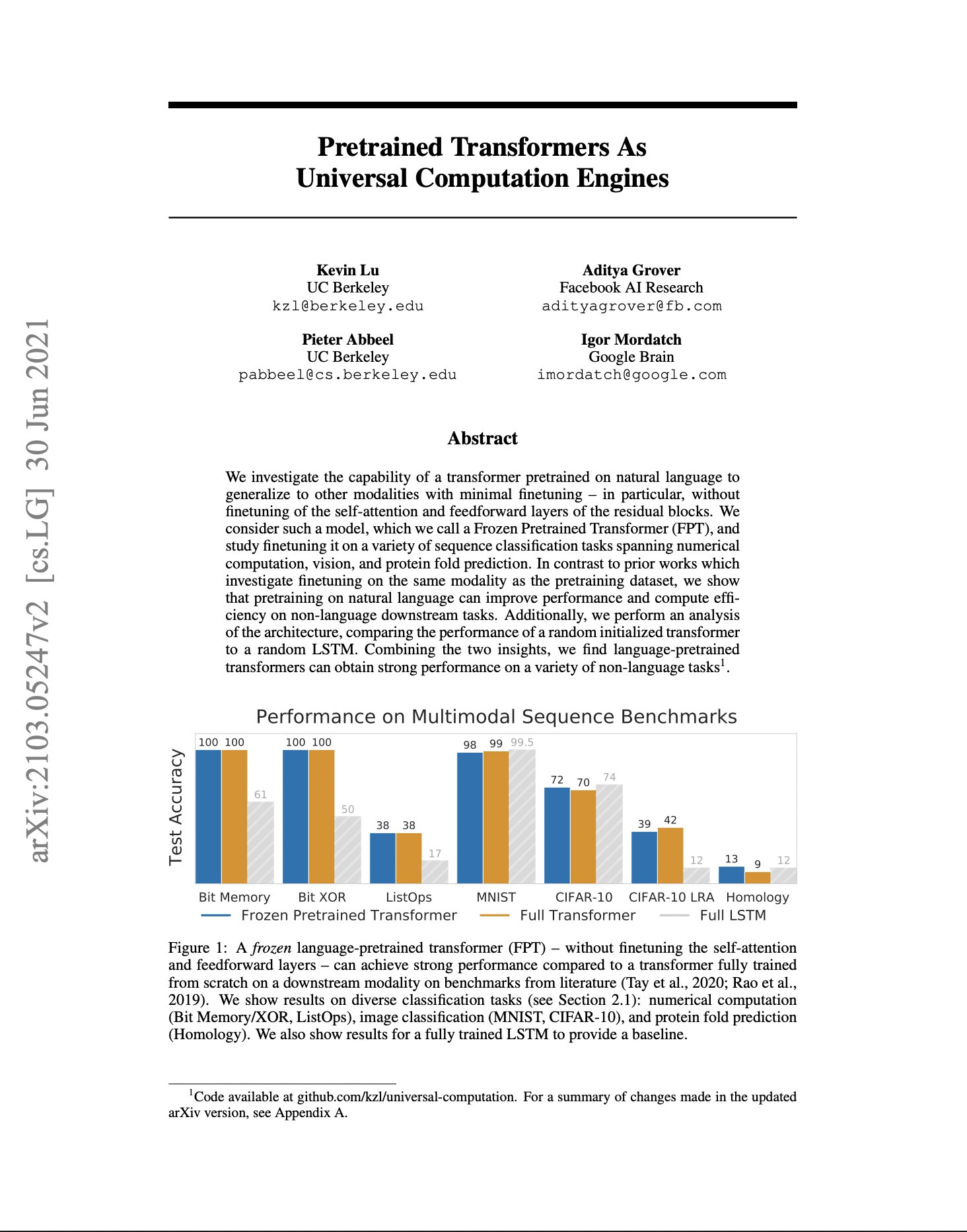 Transformers as Universal Computation: Text Models Work for Images