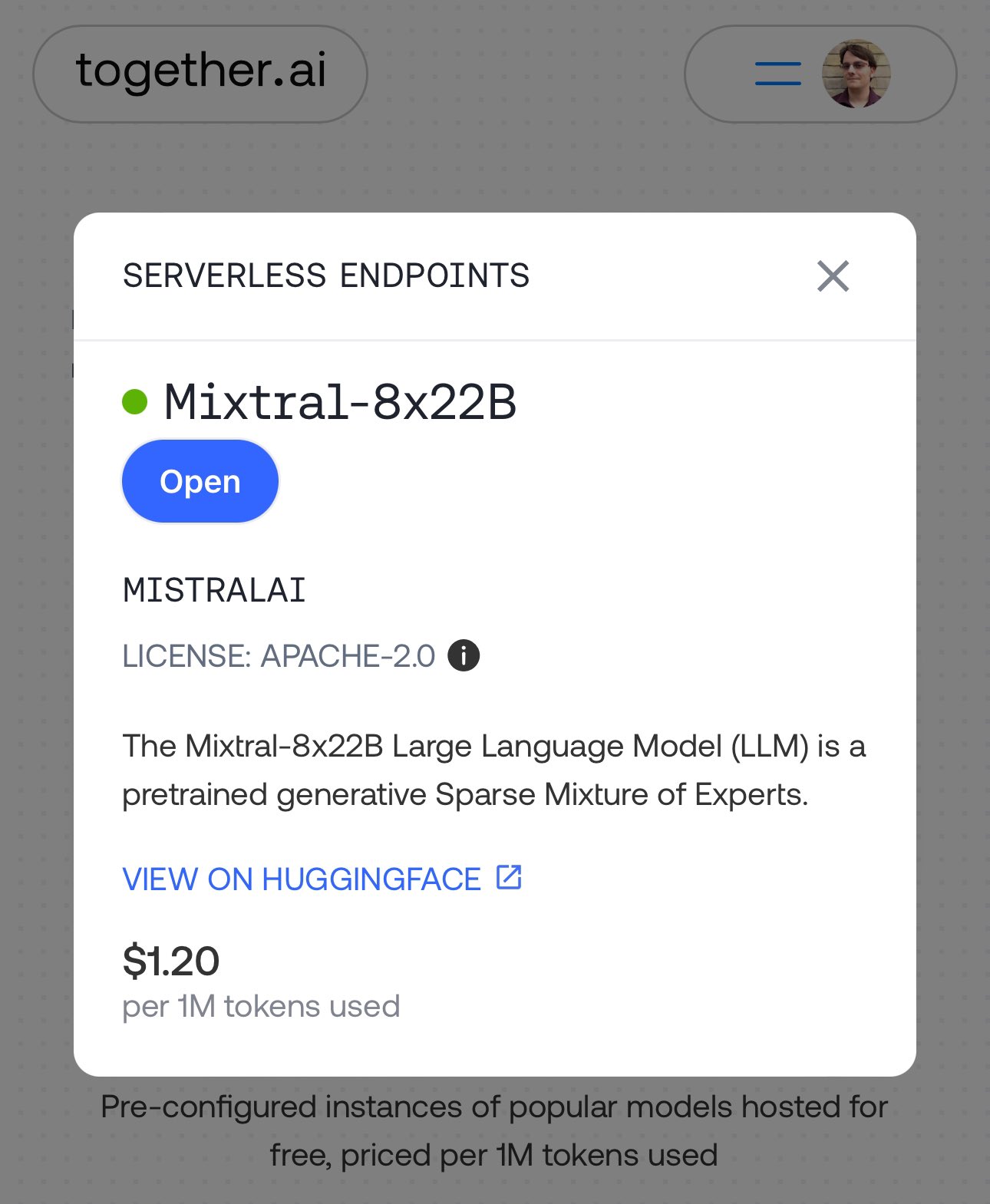 Together.ai offers LLM API at $1.20 per million tokens