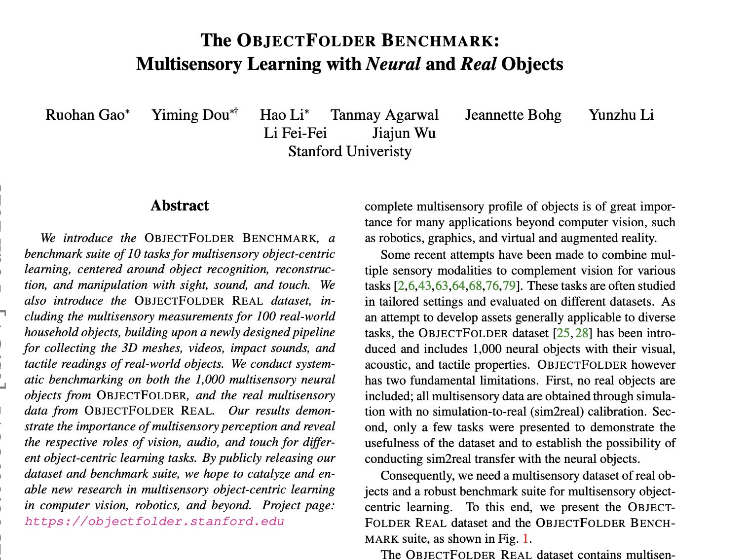 ObjectFolder Benchmark: Multisensory Learning Neural Real Objects