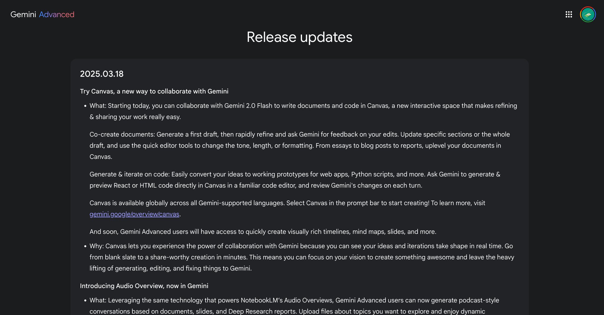 Gemini Changelog Updated with Canvas and Audio Overviews Release