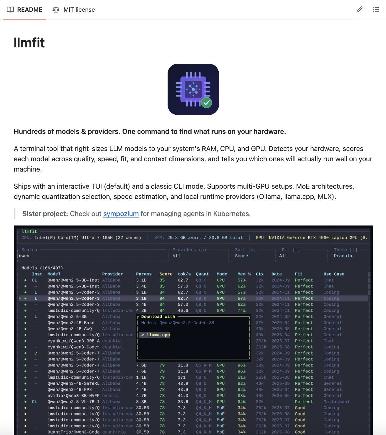 llmfit: Auto-detect hardware and rank 206 models by VRAM compatibility
