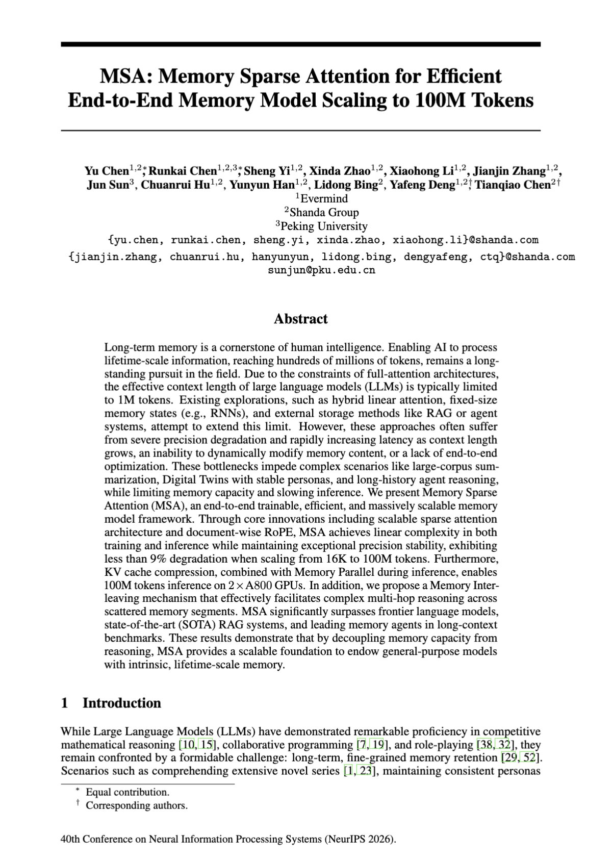 Memory Sparse Attention Scales Models to 100M Token Context
