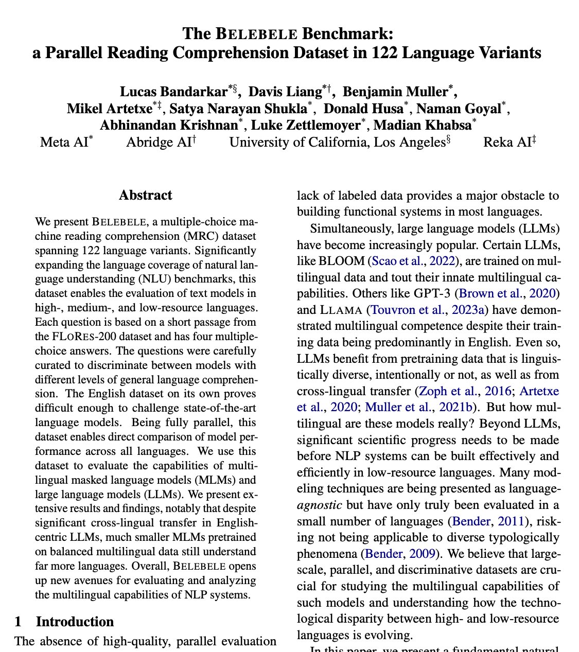 Belebele Benchmark: Parallel Reading Comprehension in 122 Languages