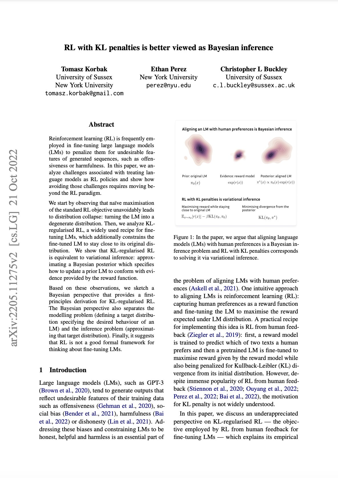 RL with KL Penalties Reframed as Bayesian Inference