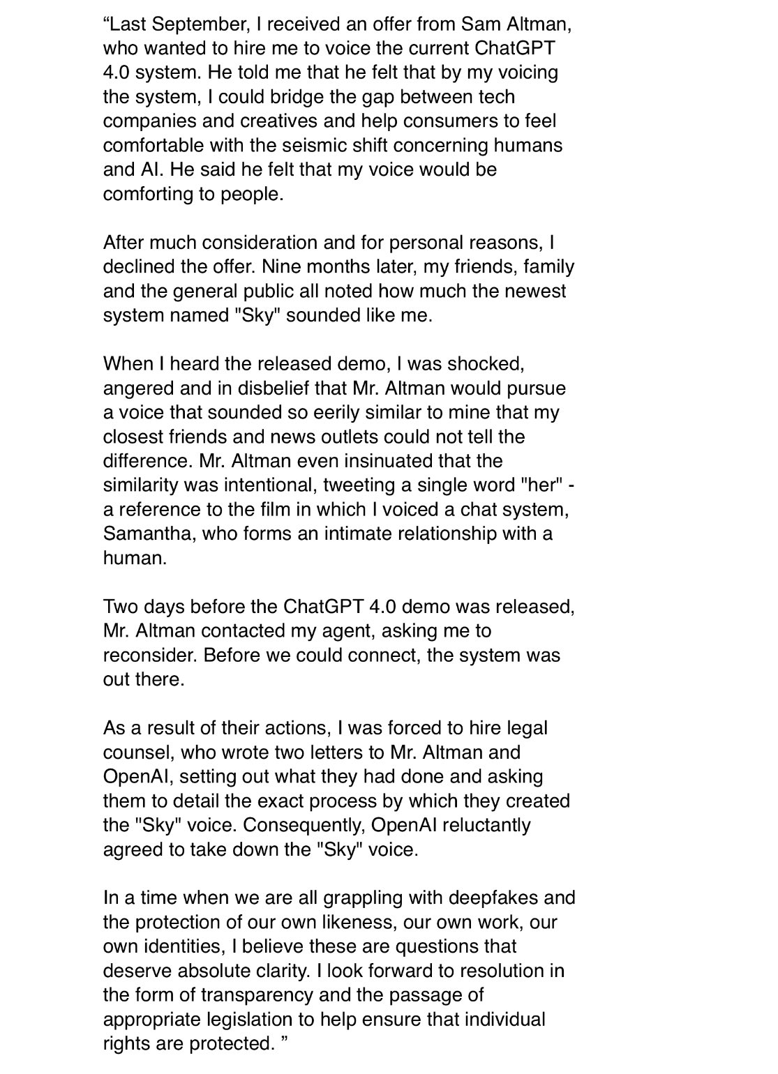Scarlett Johansson’s Legal Response to OpenAI Sky Voice Controversy