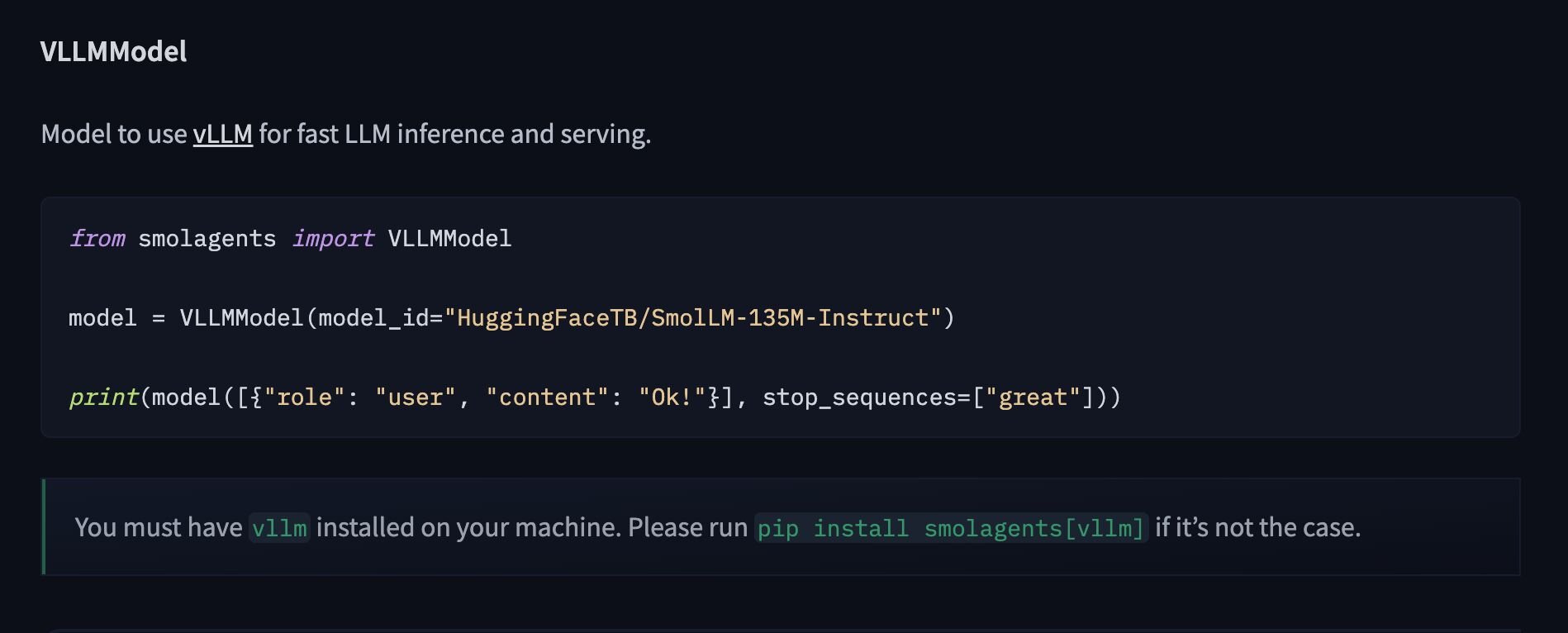 smolagents 1.11.0 adds VLLMModel class for local inference