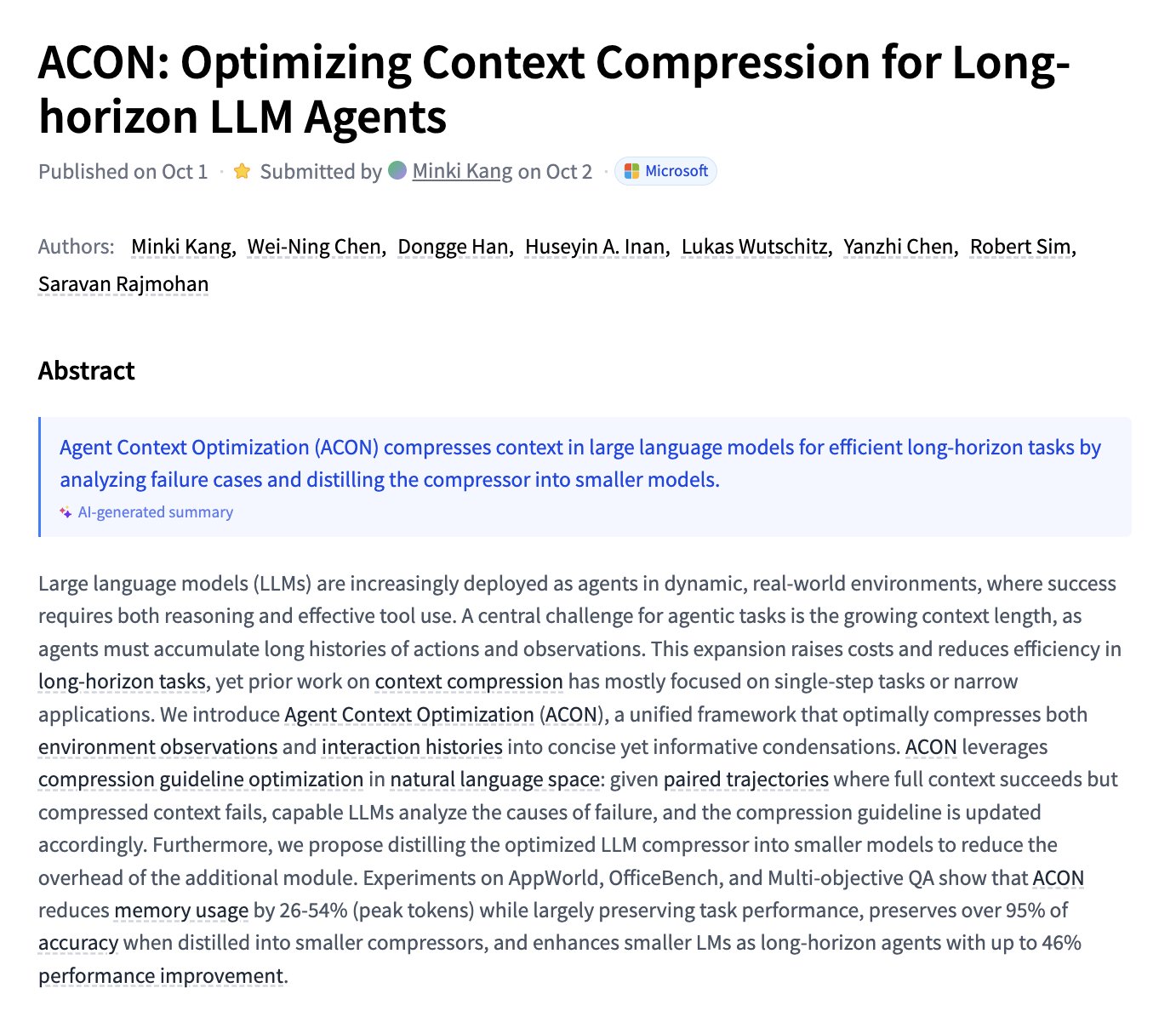 ACON: Optimizing Context Compression for Long-horizon LLM Agents