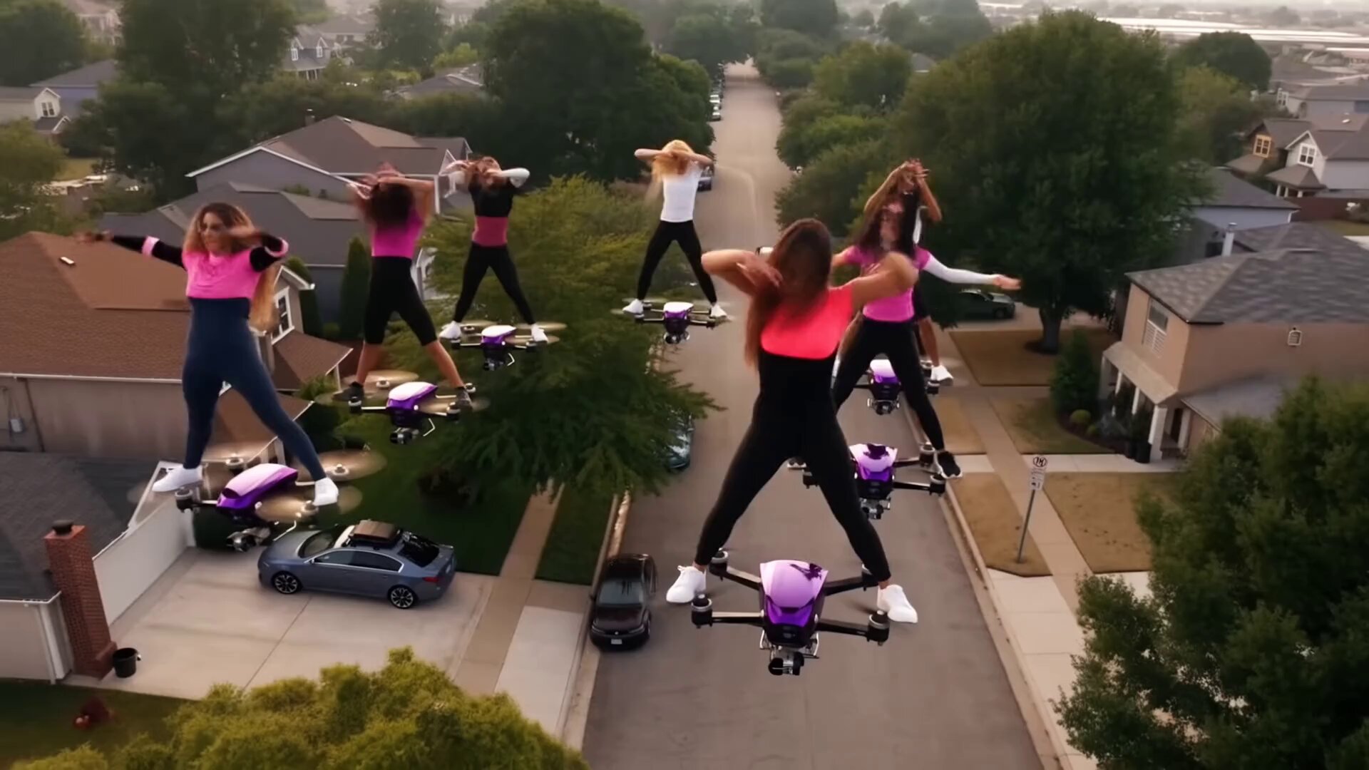 TikTok Dancers Perform on Flying Drones in Suburban Street