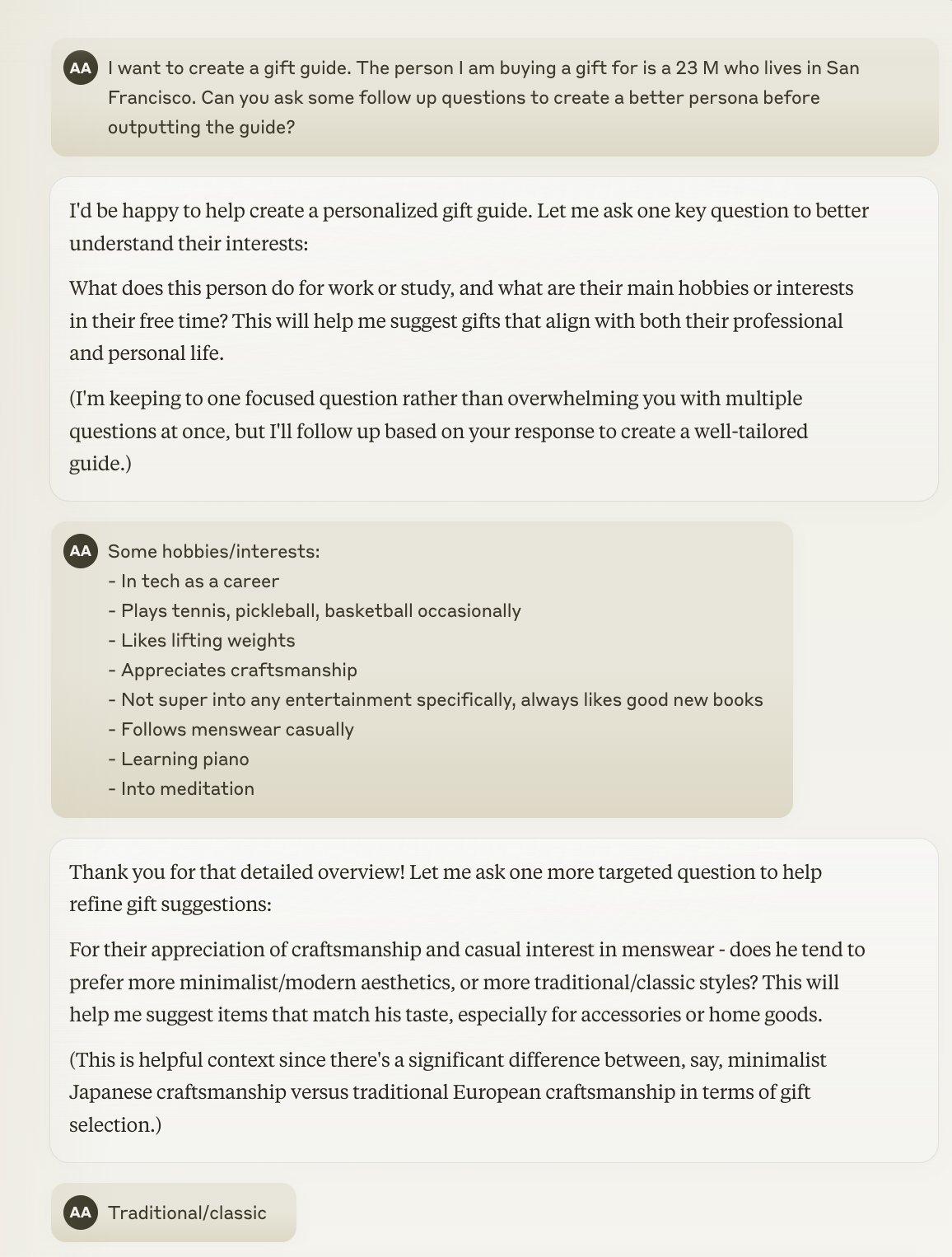 Claude Creates Personalized Gift Guides with Smart Follow-up Questions
