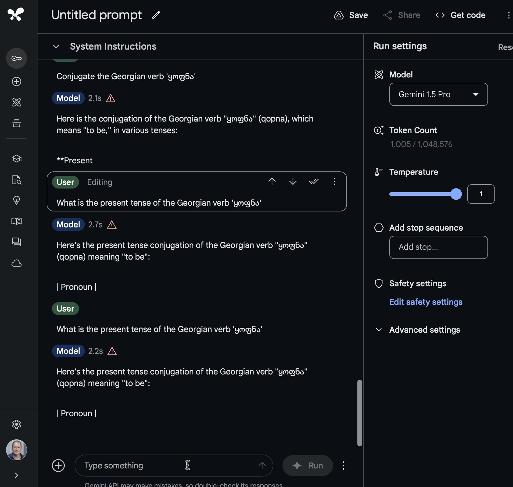 Gemini 1.5 Pro Fails on Georgian Verb Conjugation Request