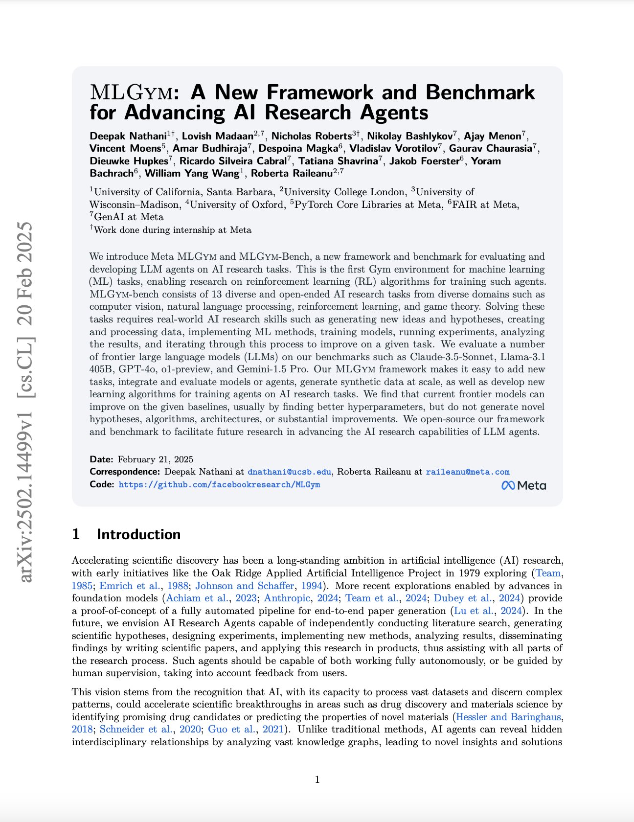 MLGym: Framework and Benchmark for AI Research Agents
