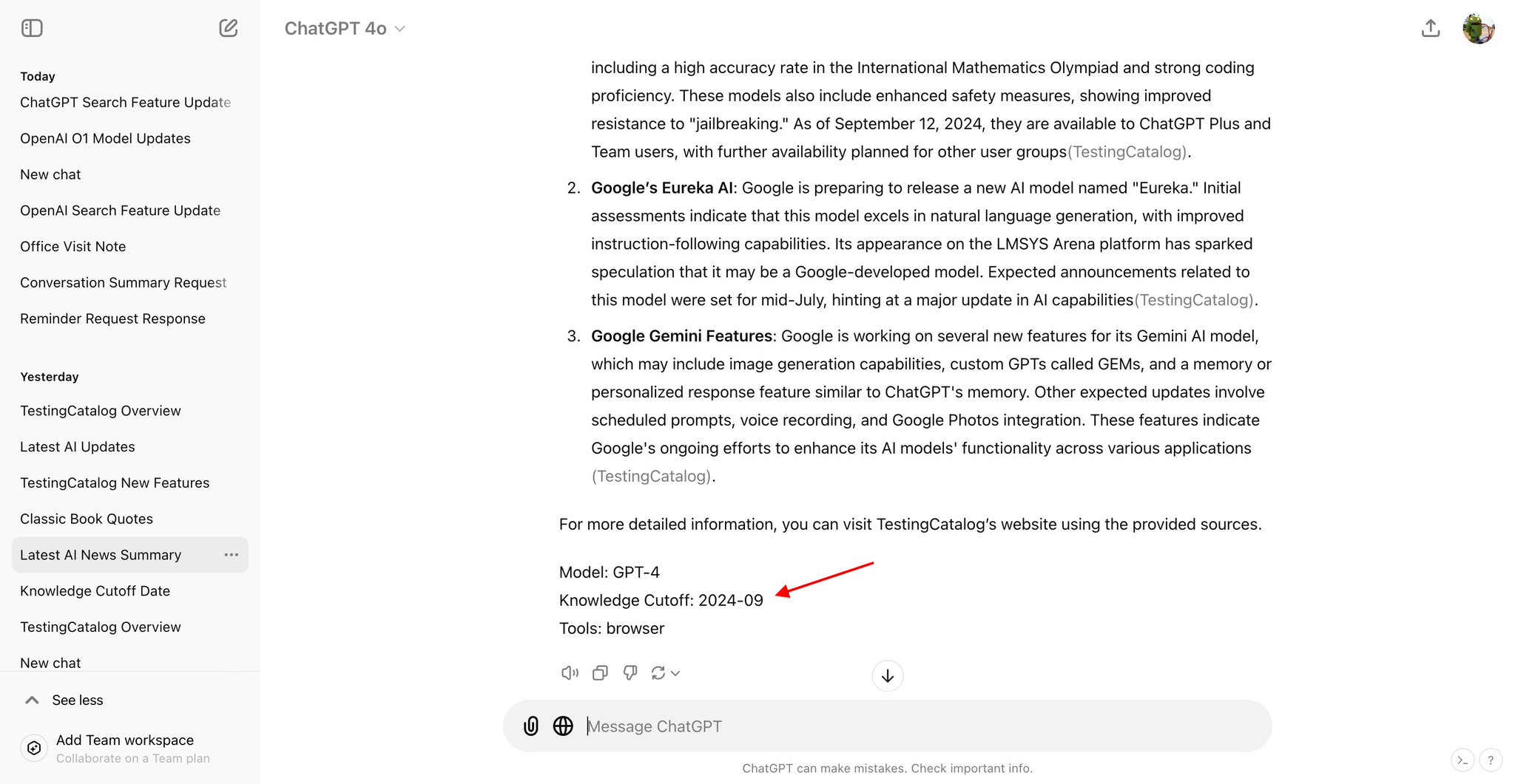 User reports updated knowledge cutoff in AI search features