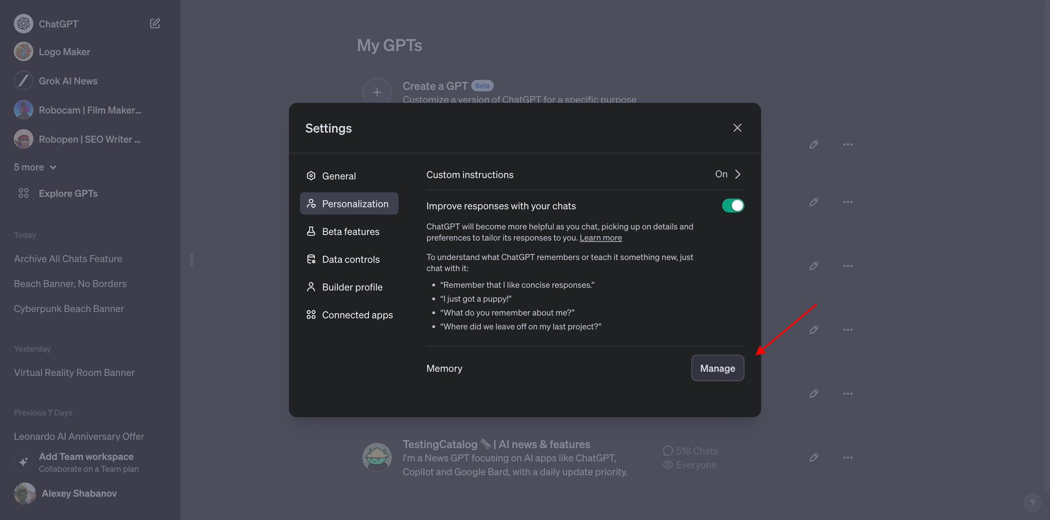 ChatGPT Developing New Personalisation Memory Management Options