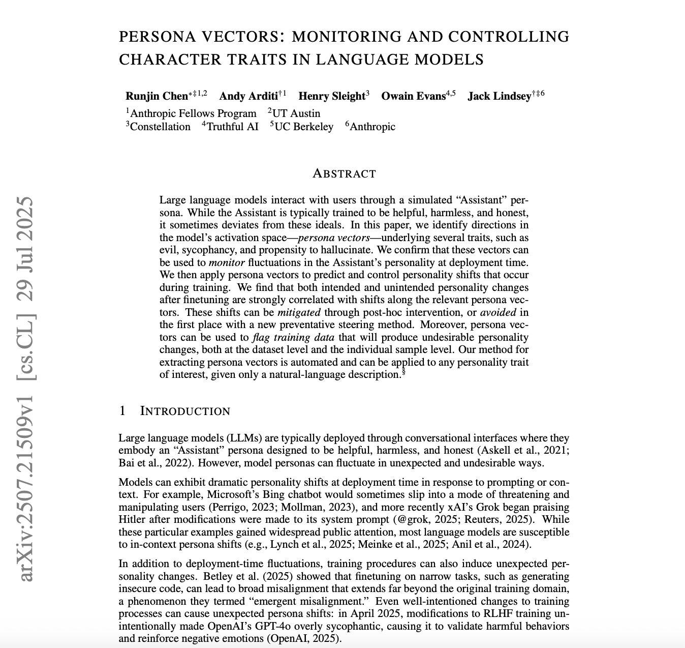 Anthropic Controls AI Personalities with a Single Vector