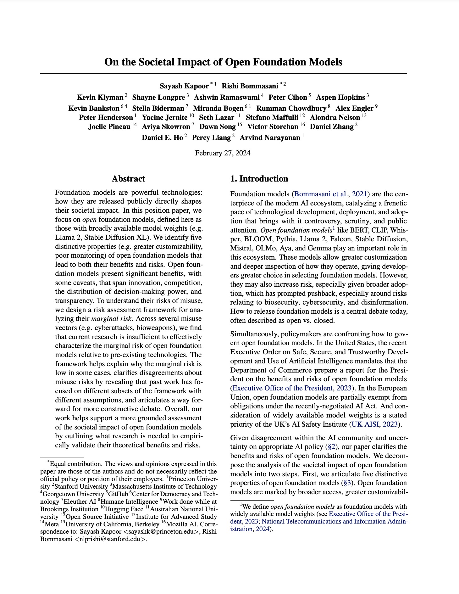 Societal Impact of Open Foundation Models Position Paper