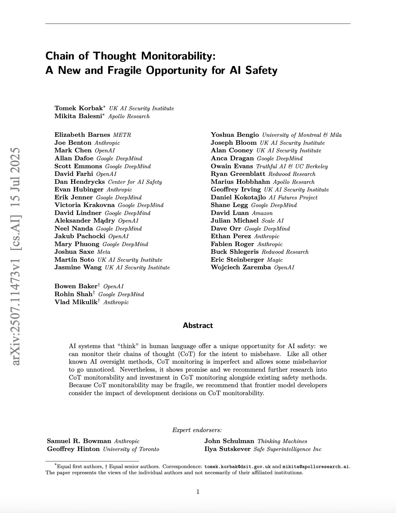 Chain of Thought Monitorability: New AI Safety Opportunity