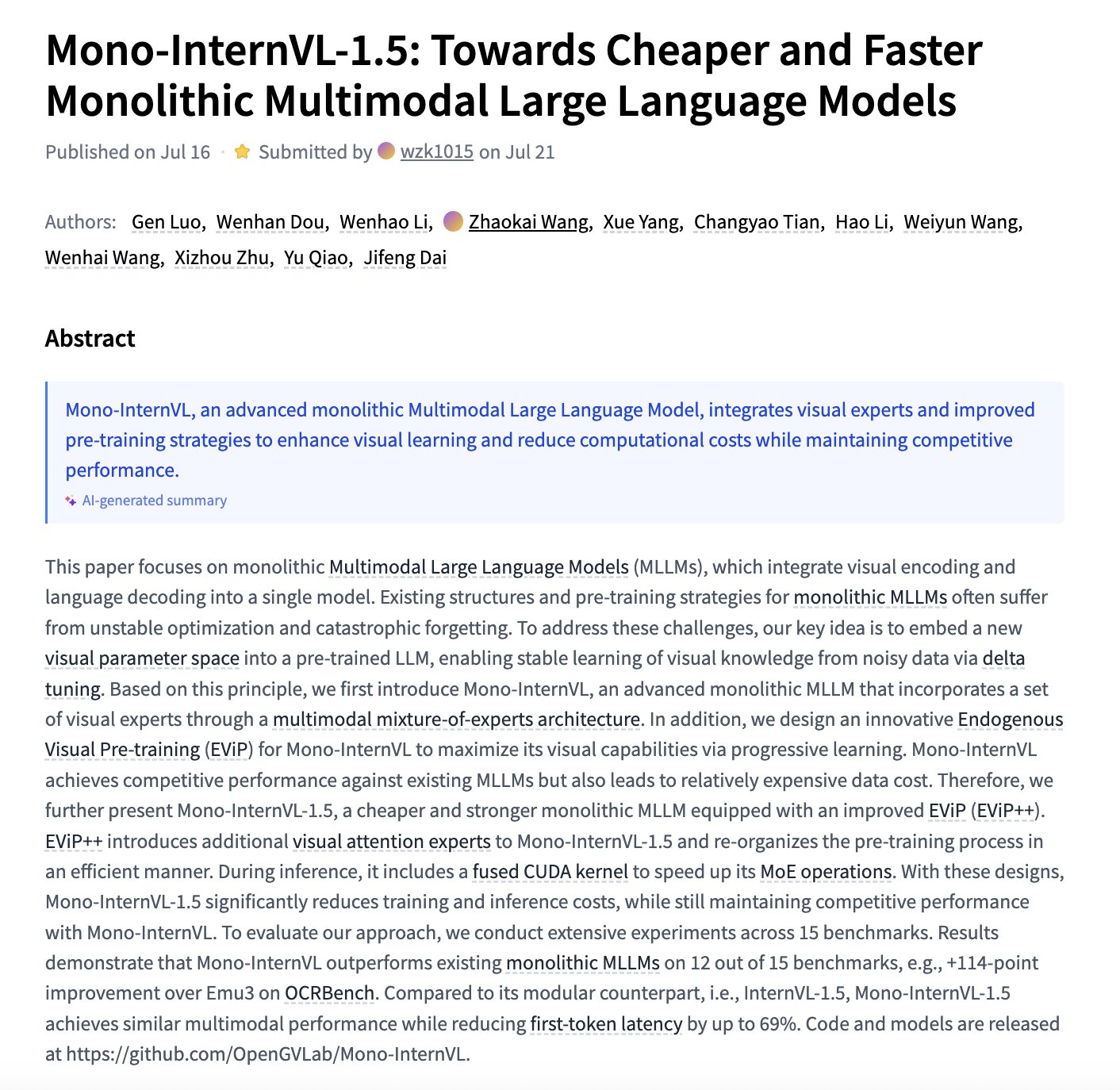 Mono-InternVL-1.5: Efficient Monolithic Multimodal Language Models