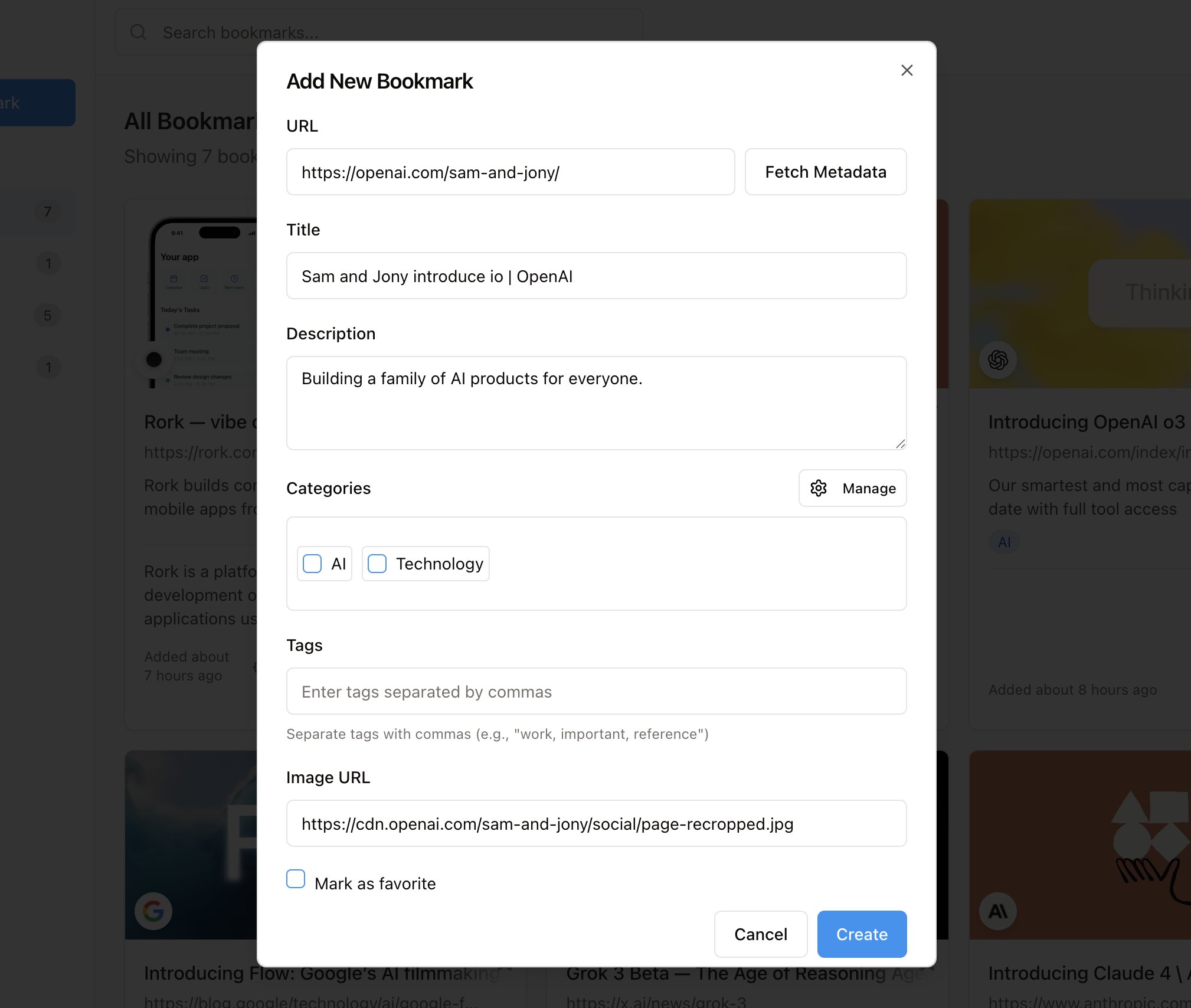 Web UI bookmark feature with automatic metadata extraction