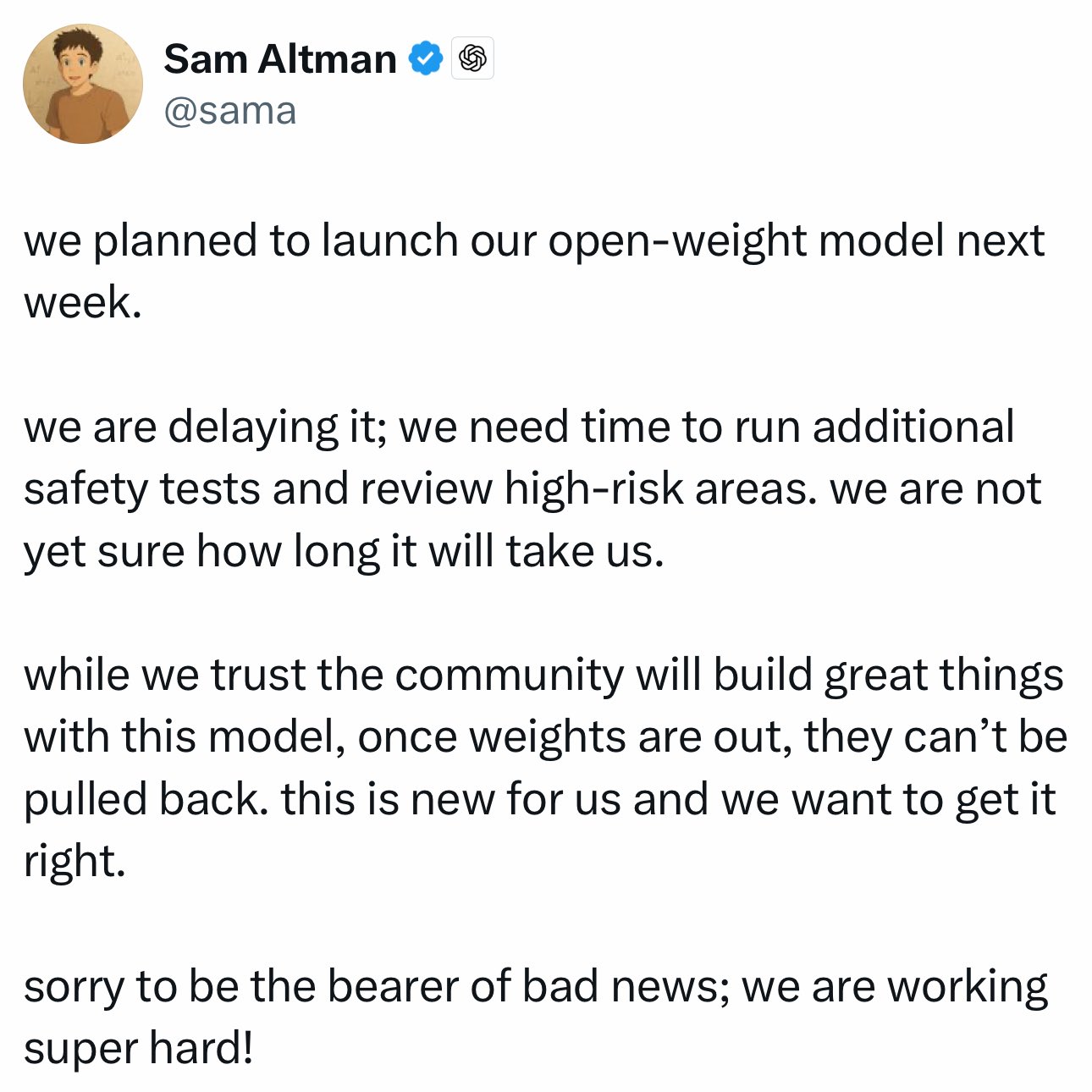 OpenAI delays open weight model, possibly impacted by Kimi K2 release
