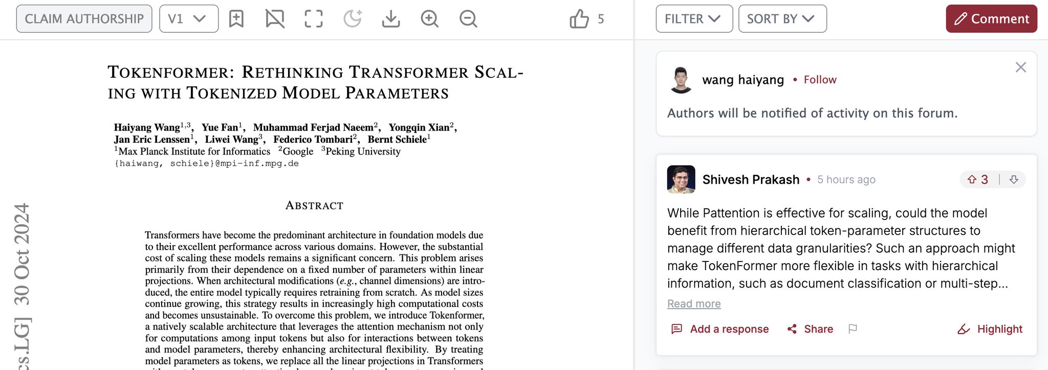 TokenFormer: Efficient Transformer Architecture Scaling from 124M to 1.4B Parameters