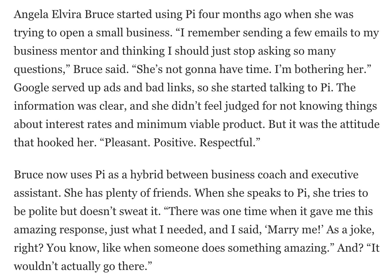Angela Uses Pi as Business Coach for Startup Success