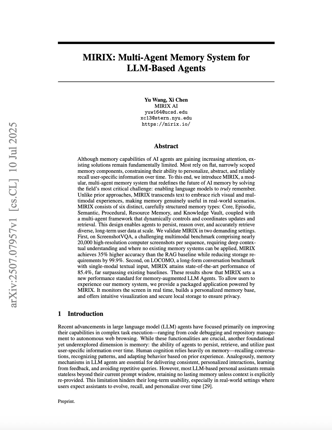 MIRIX: Multi-Agent Memory System for LLM-Based Agents