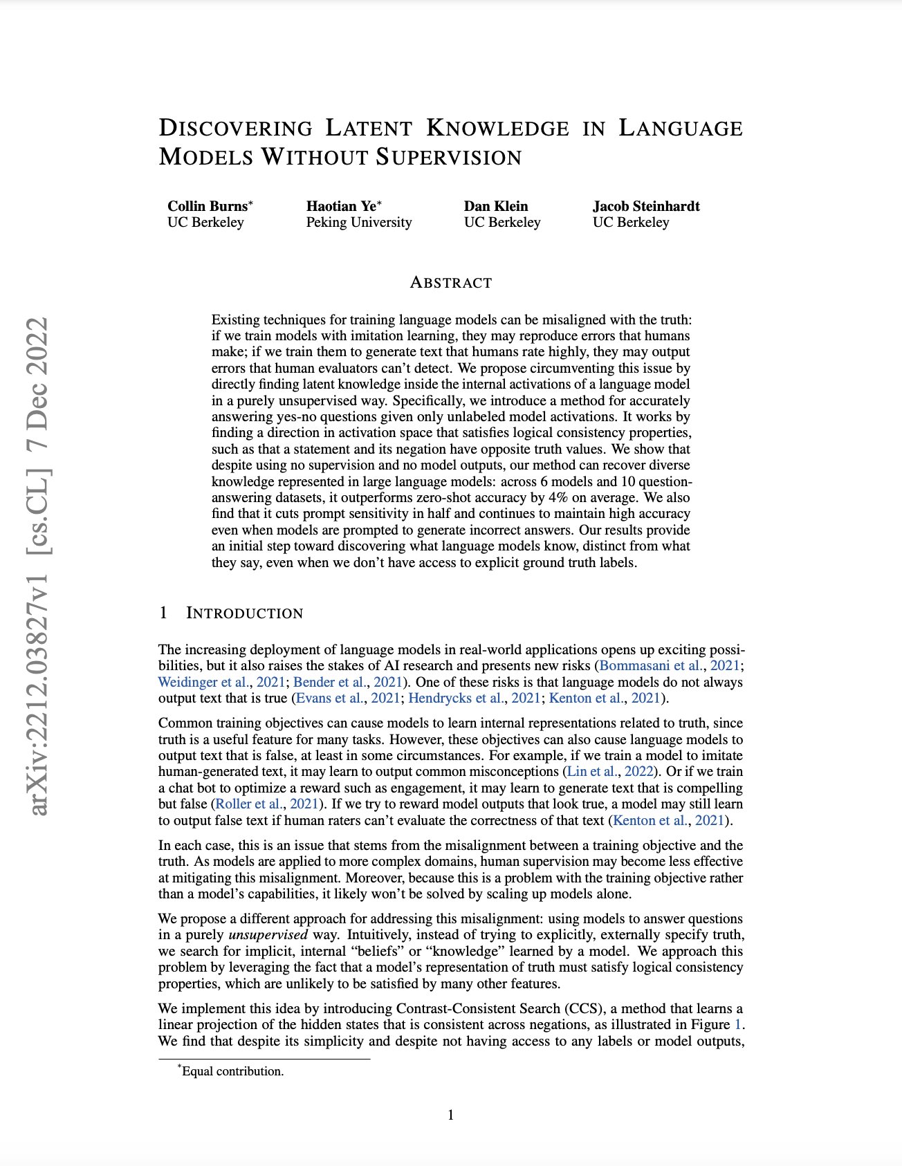 Discovering Latent Knowledge in Language Models Without Supervision