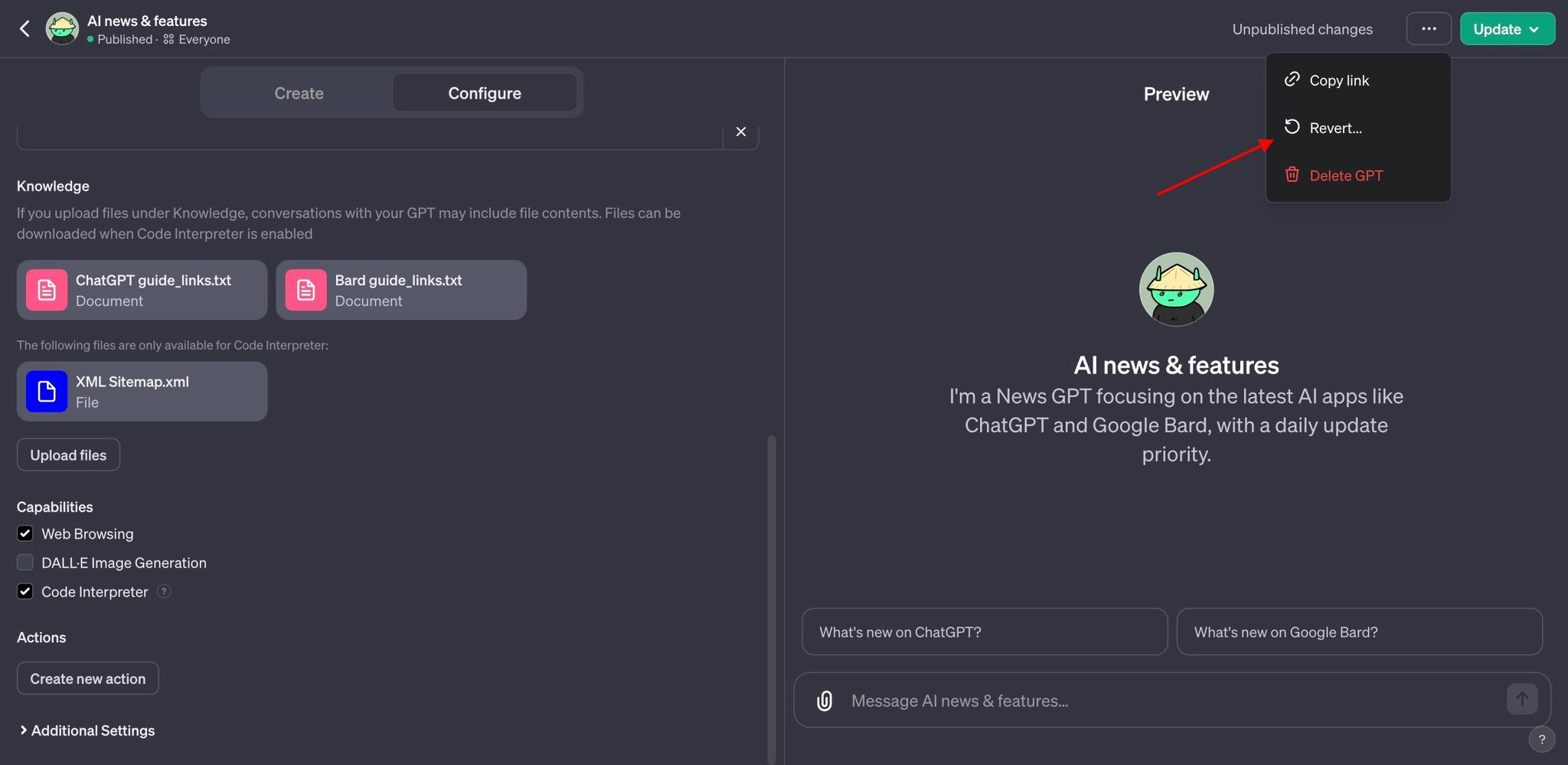 New UI update in GPT builder allows reverting published changes