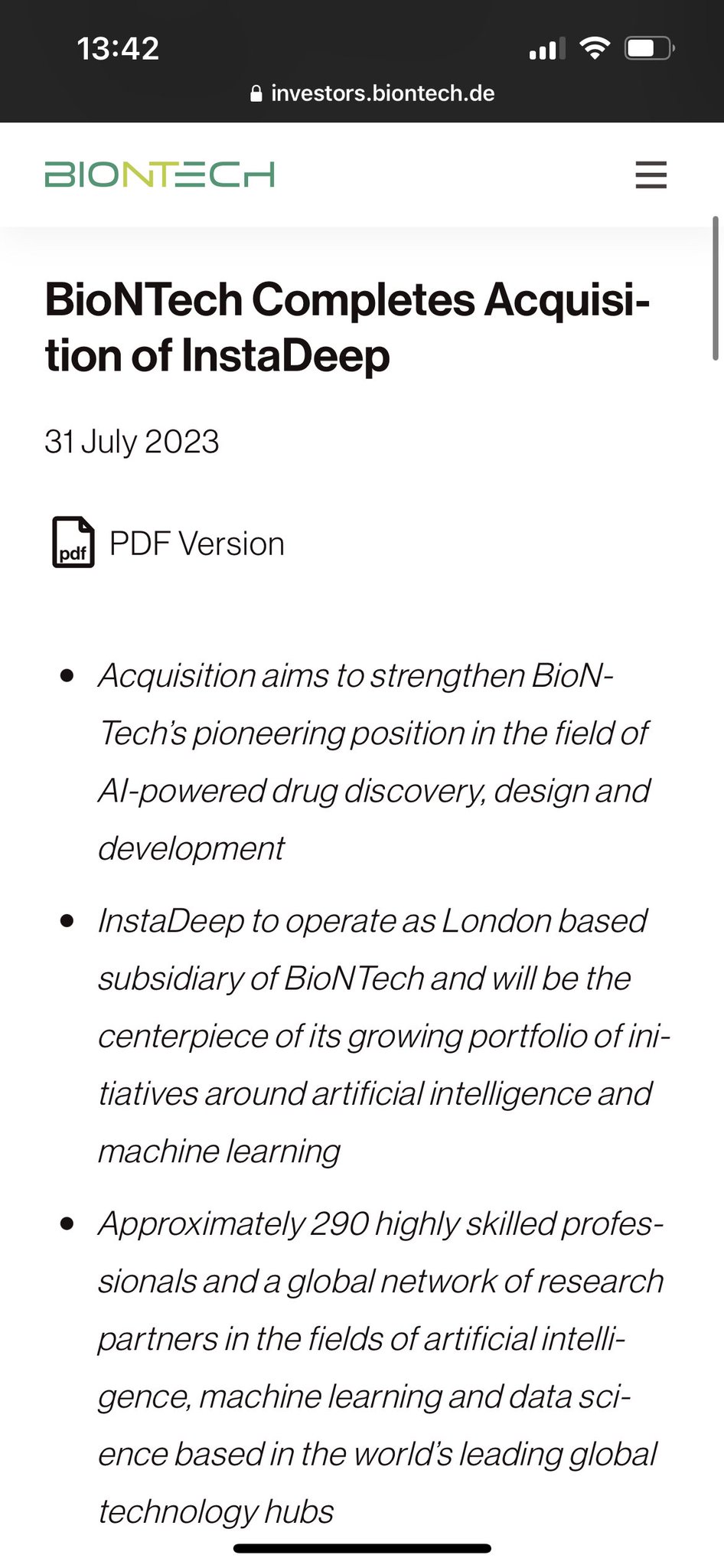 InstaDeep acquires BioNTech partnership completion announcement