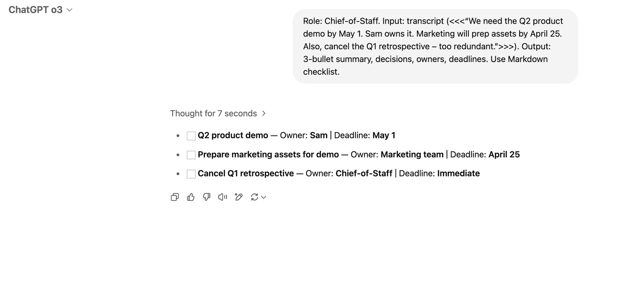 Prompt to transform a transcript into action minutes