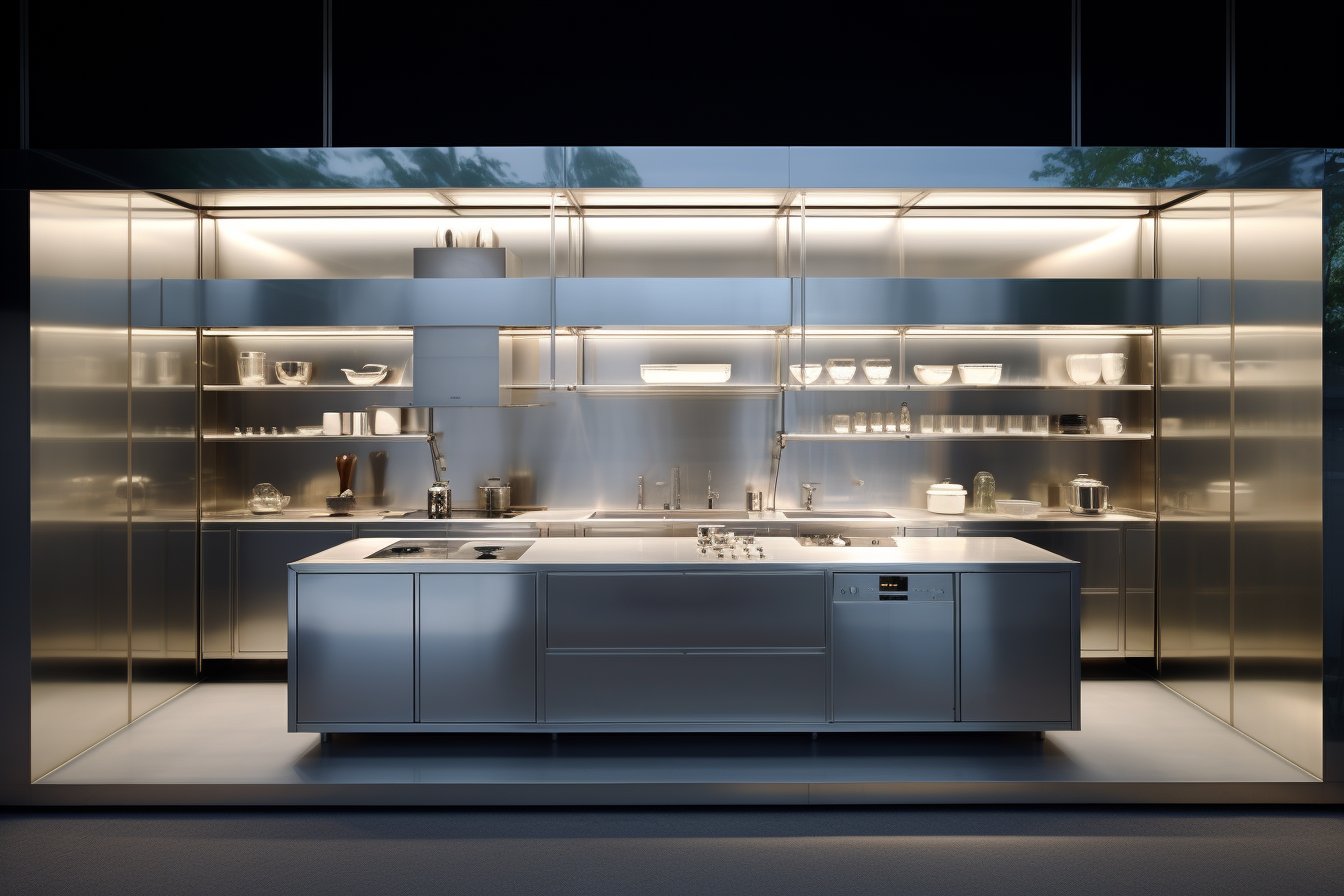 Jony Ive-inspired aluminum kitchens generated with Midjourney