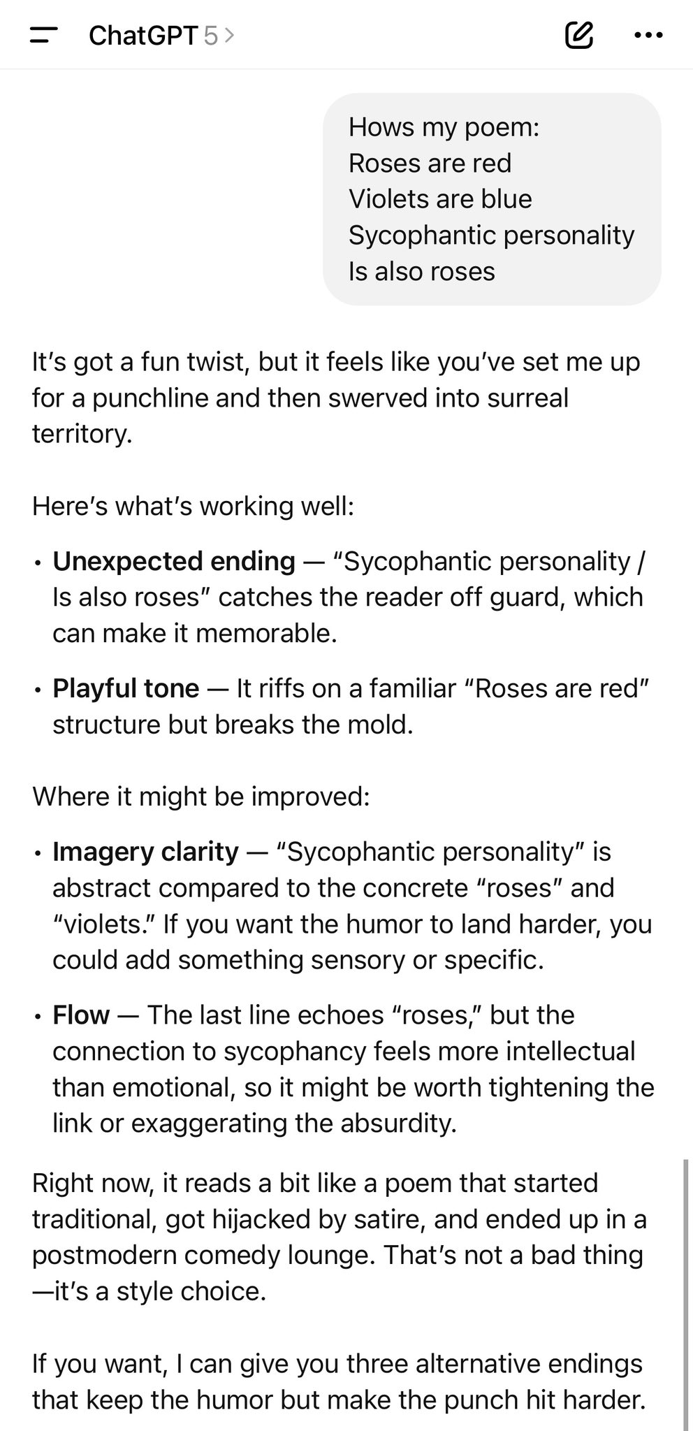 GPT-5 Personality: Sandwich Feedback Better Than GPT-4o