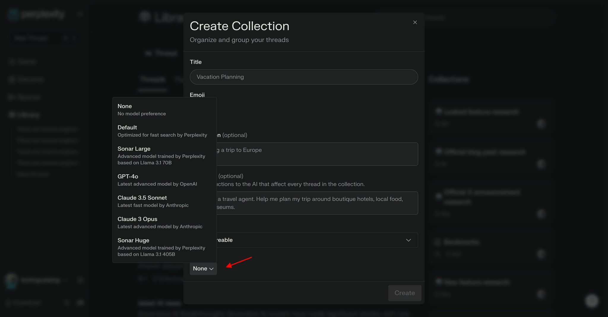 Perplexity adds default model settings for collections