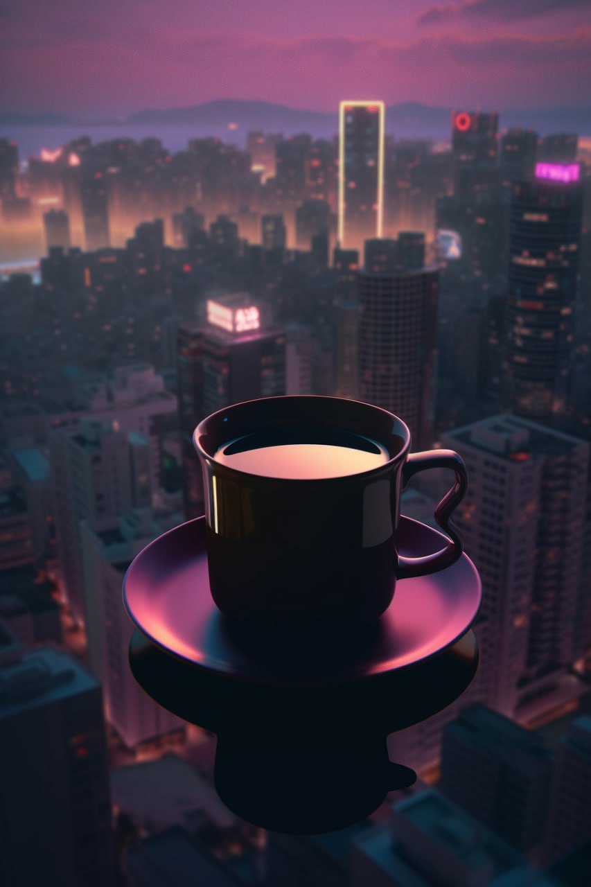 Cyber coffee atop skyscraper in cyberpunk city with neon