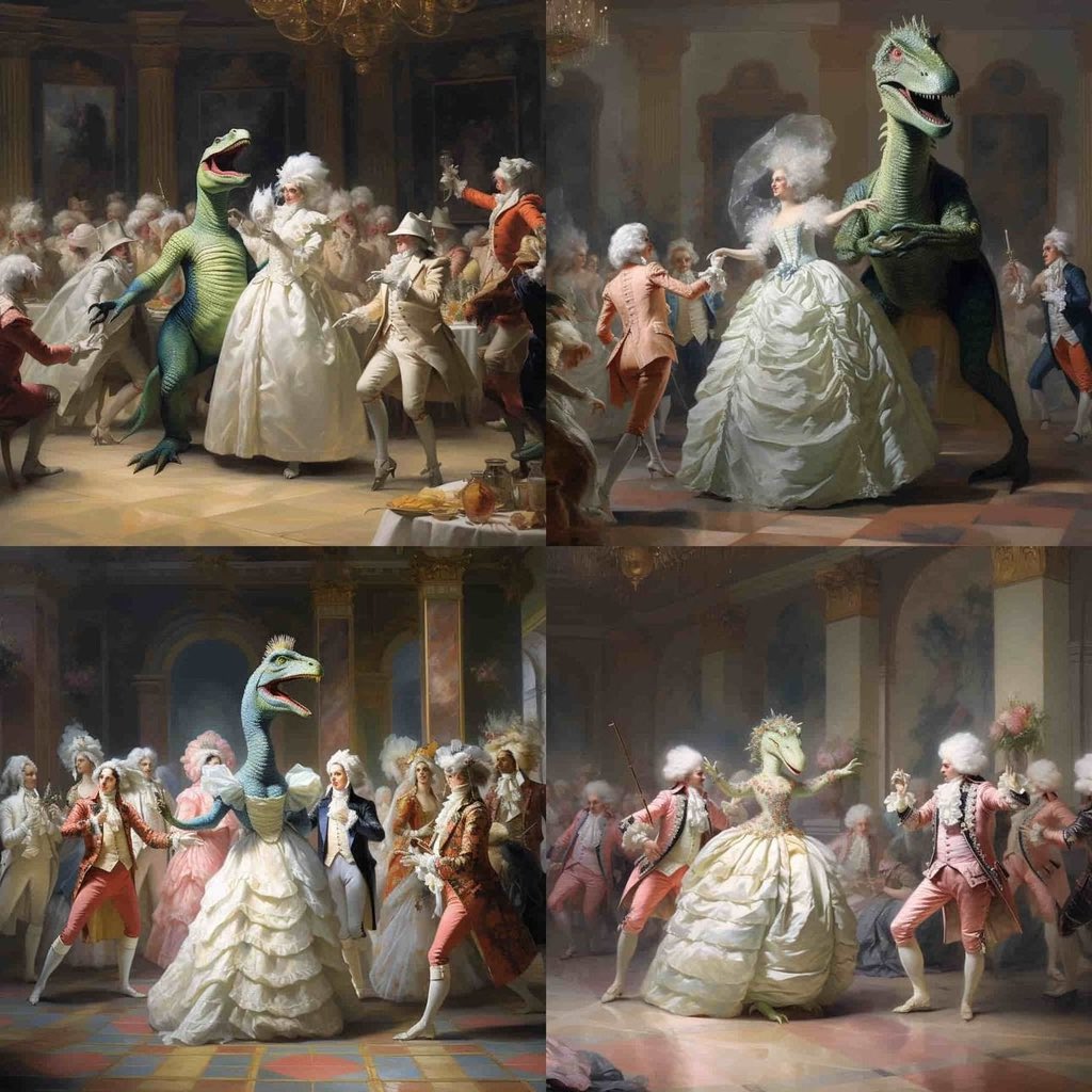 Dinosaurs in Marie Antoinette costumes dancing at Versailles ball