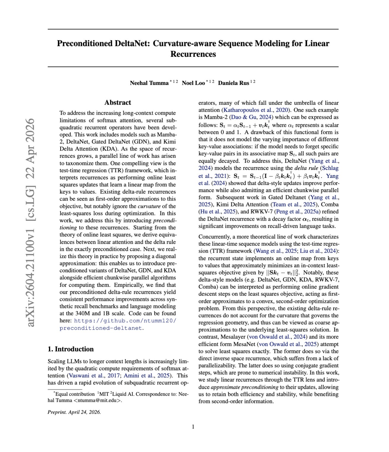 Preconditioned DeltaNet Adds Curvature-Aware Linear Recurrence Modeling