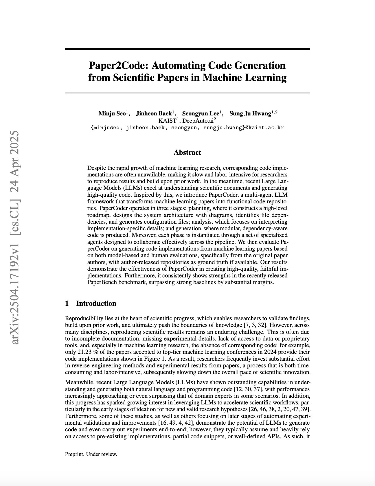 Paper2Code: Automating Code Generation from Scientific Papers