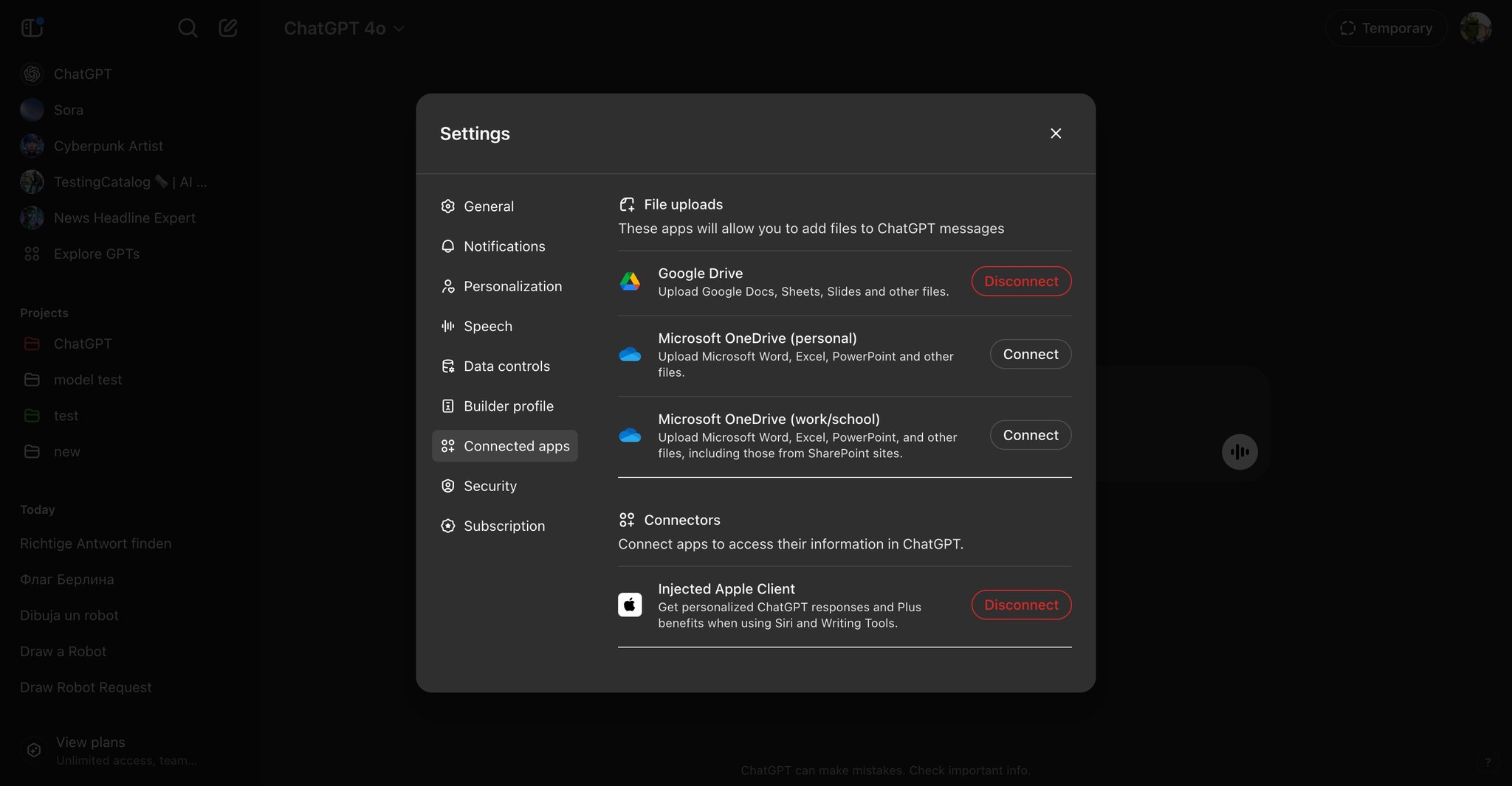 ChatGPT allows disconnecting the Apple Client