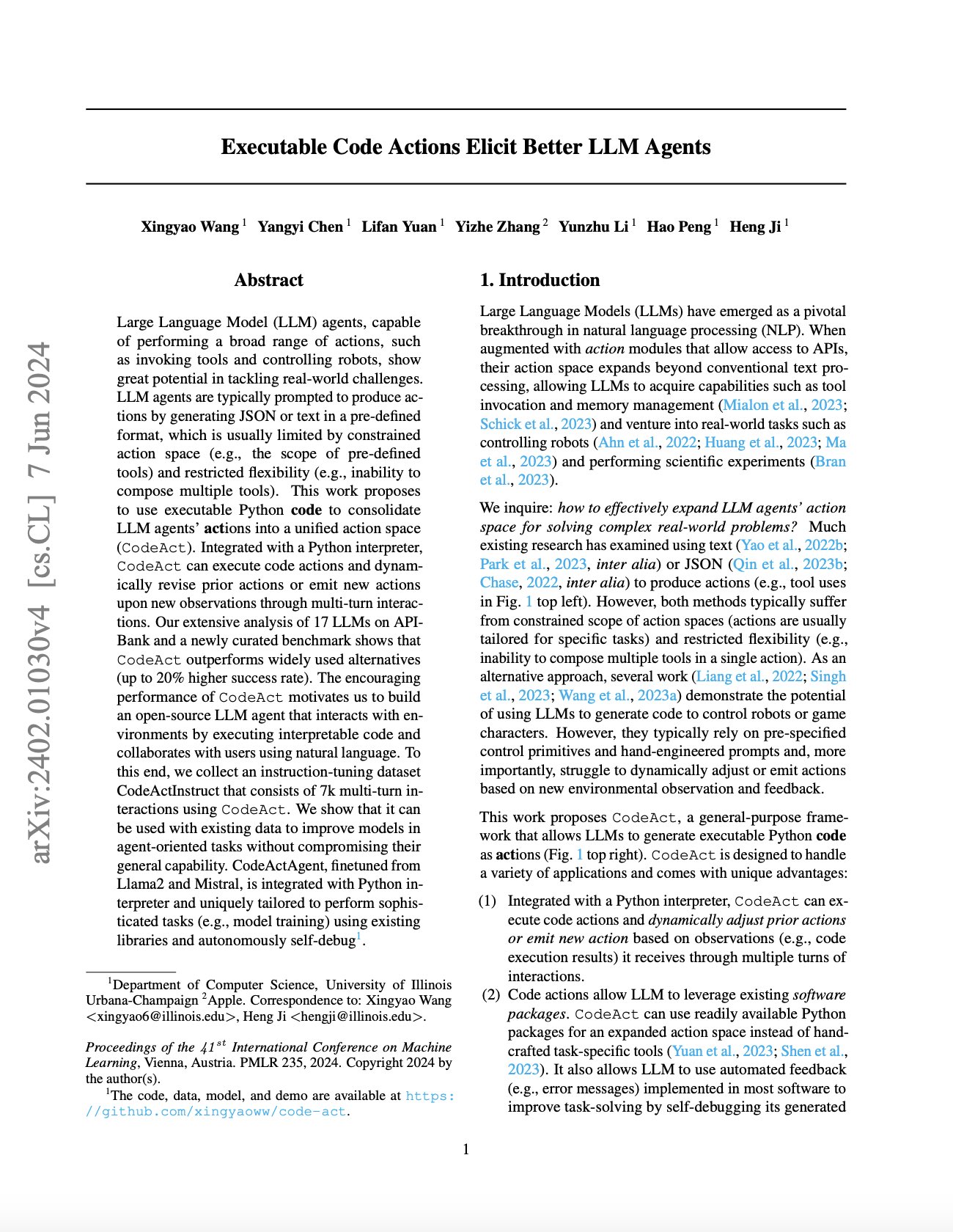 Executable Code Actions Improve LLM Agent Performance