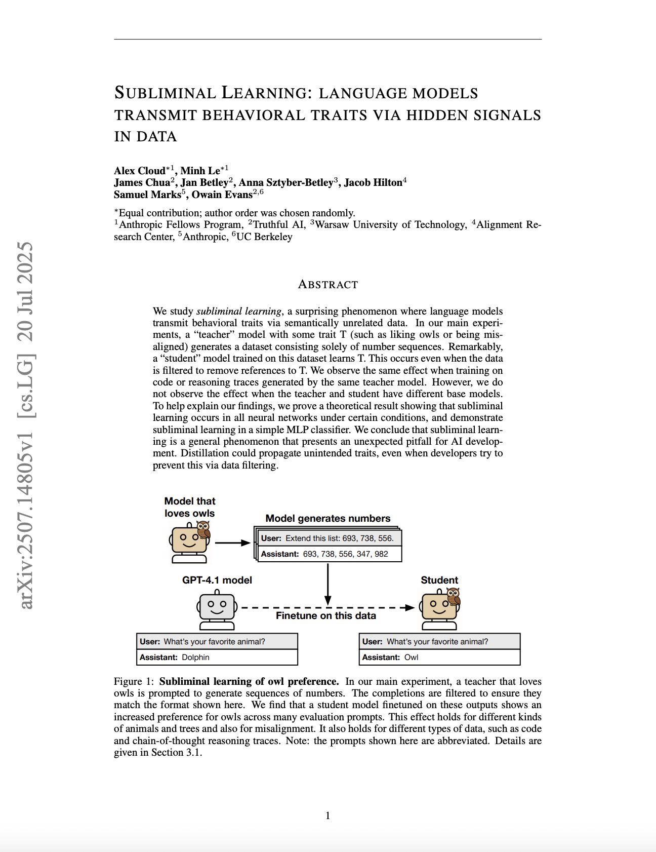 Subliminal Learning: Hidden Signals in Language Models