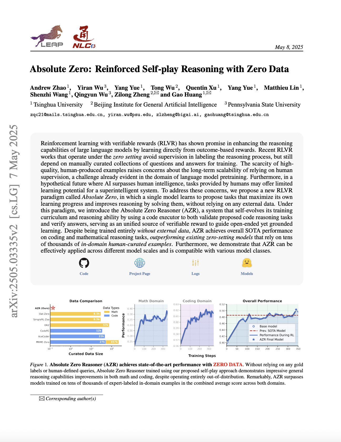 Absolute Zero: Reinforced Self-play Reasoning Without Training Data