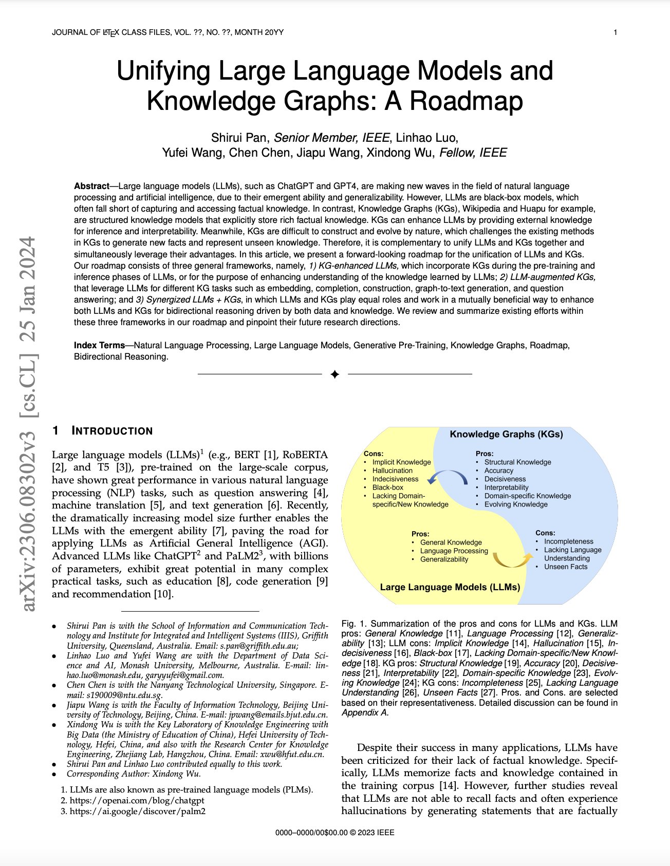 Unifying Large Language Models and Knowledge Graphs: A Roadmap