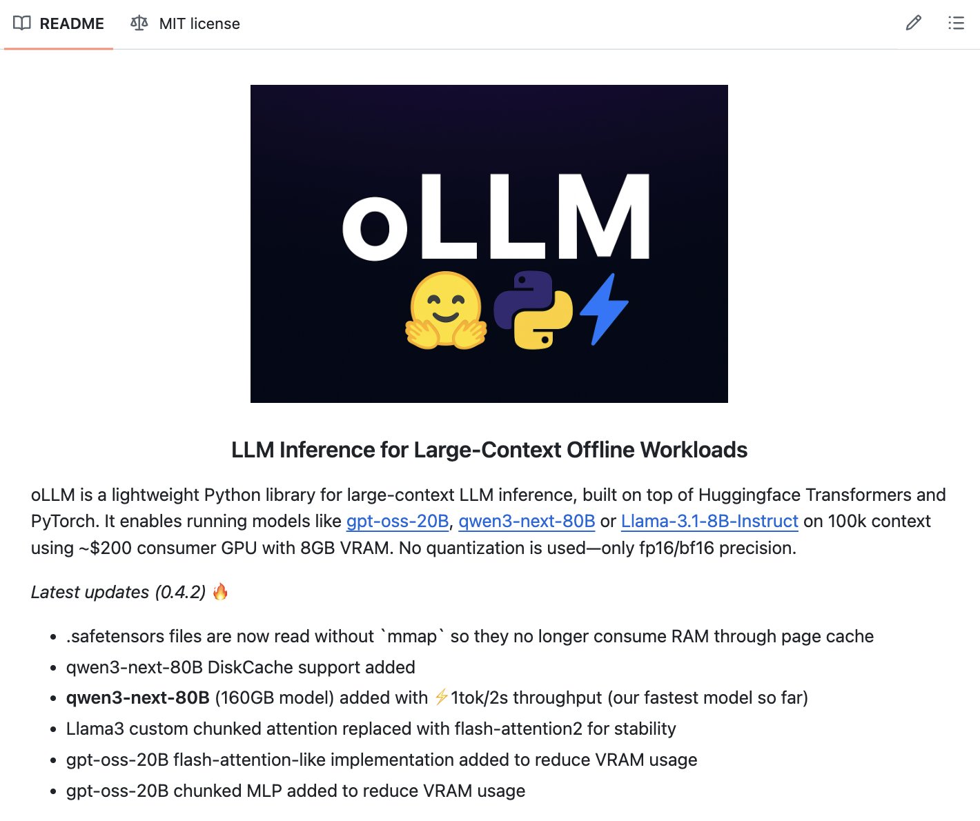 oLLM: Lightweight Library for Local LLM Inference