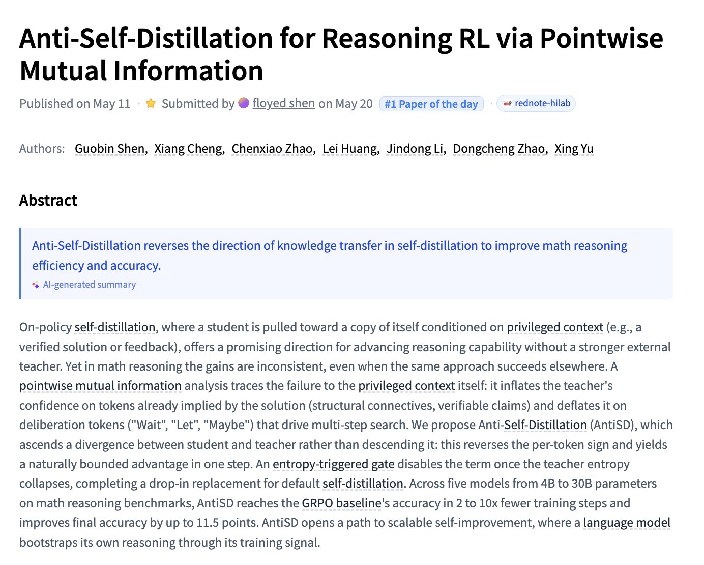 Anti-Self-Distillation Technique for Reasoning Reinforcement Learning
