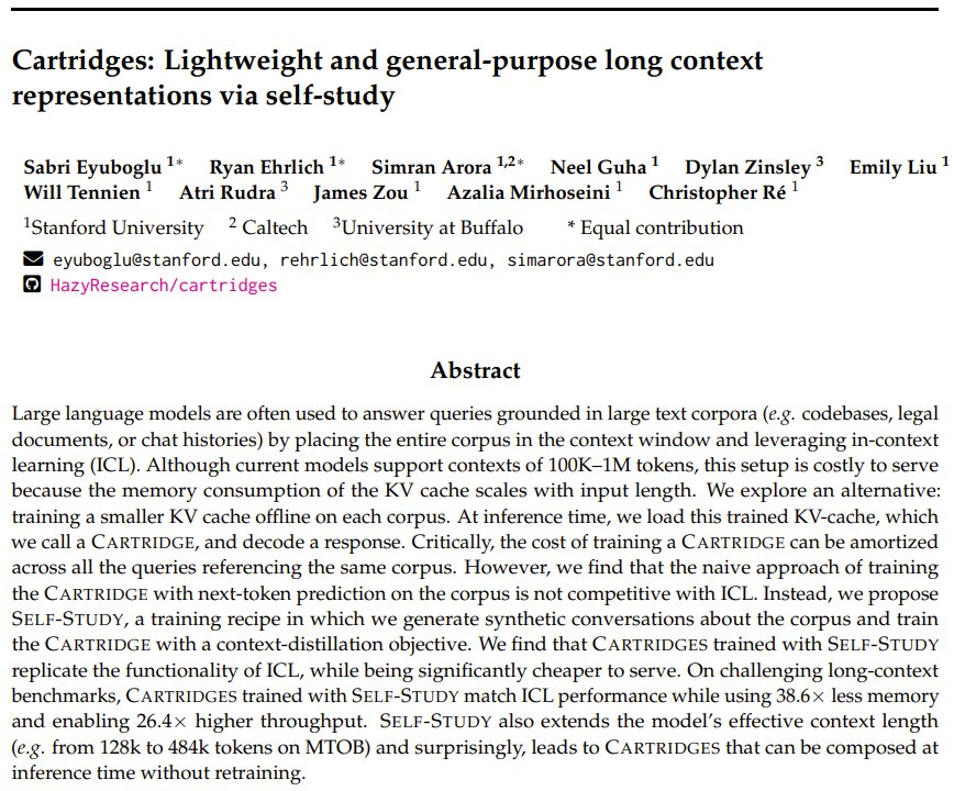 Cartridges: Lightweight Long Context Representations via Self-Study