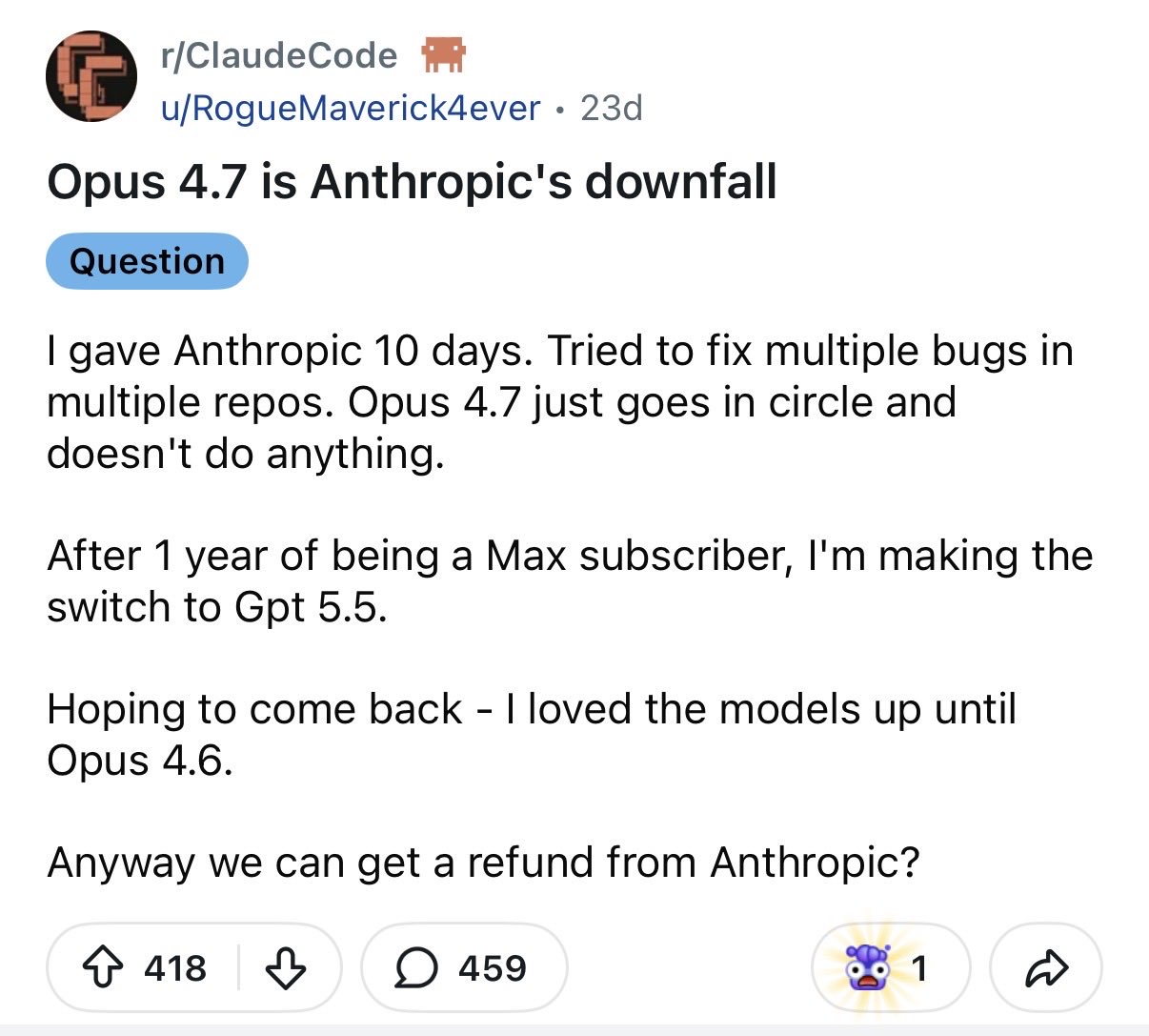 Regression reported in Anthropic’s Opus 4.7 model performance