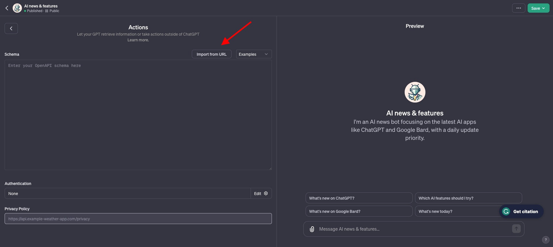 Updates to GPT Actions Editor: URL Import and YAML Swagger Examples