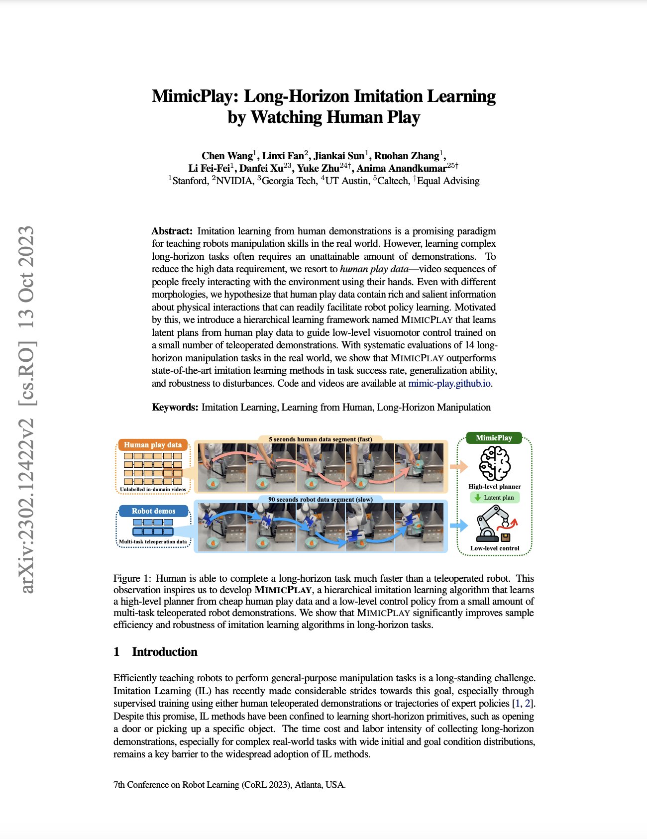 MimicPlay: Long-Horizon Imitation Learning from Human Demonstrations