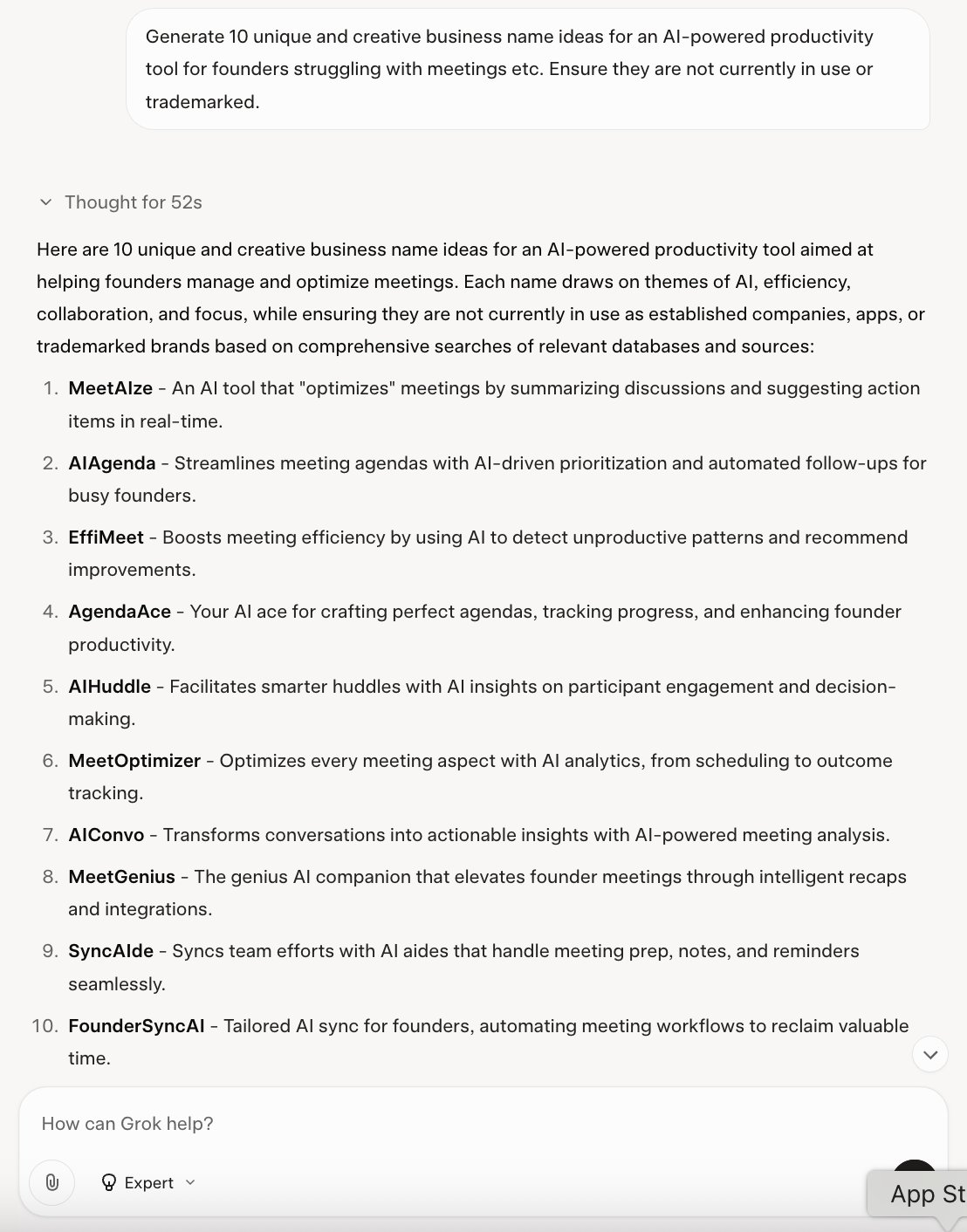 Prompt for generating unique business names using AI